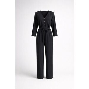 Area Stars Womens Black Long Sleeve V-Neck Button Front Belted Jumpsuit Size L